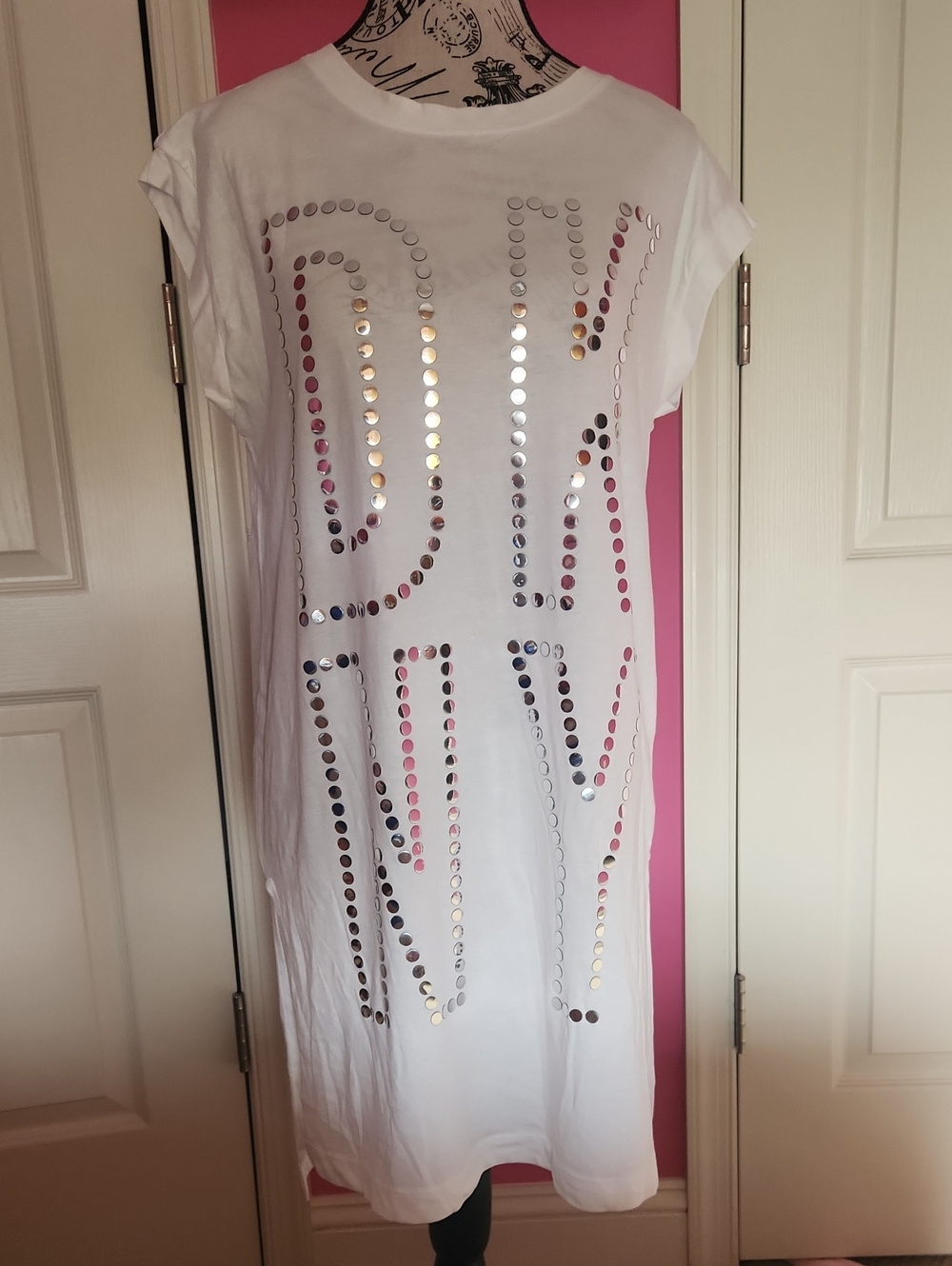 DKNY White Midi Dress with Silver Mirror Stud Logo